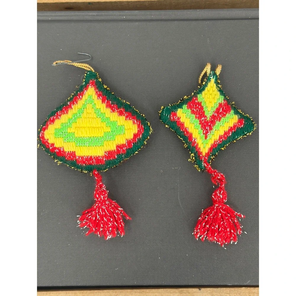 Vintage Handmade Needlepoint Christmas Ornaments Set 2 Red Green Yellow Tassels